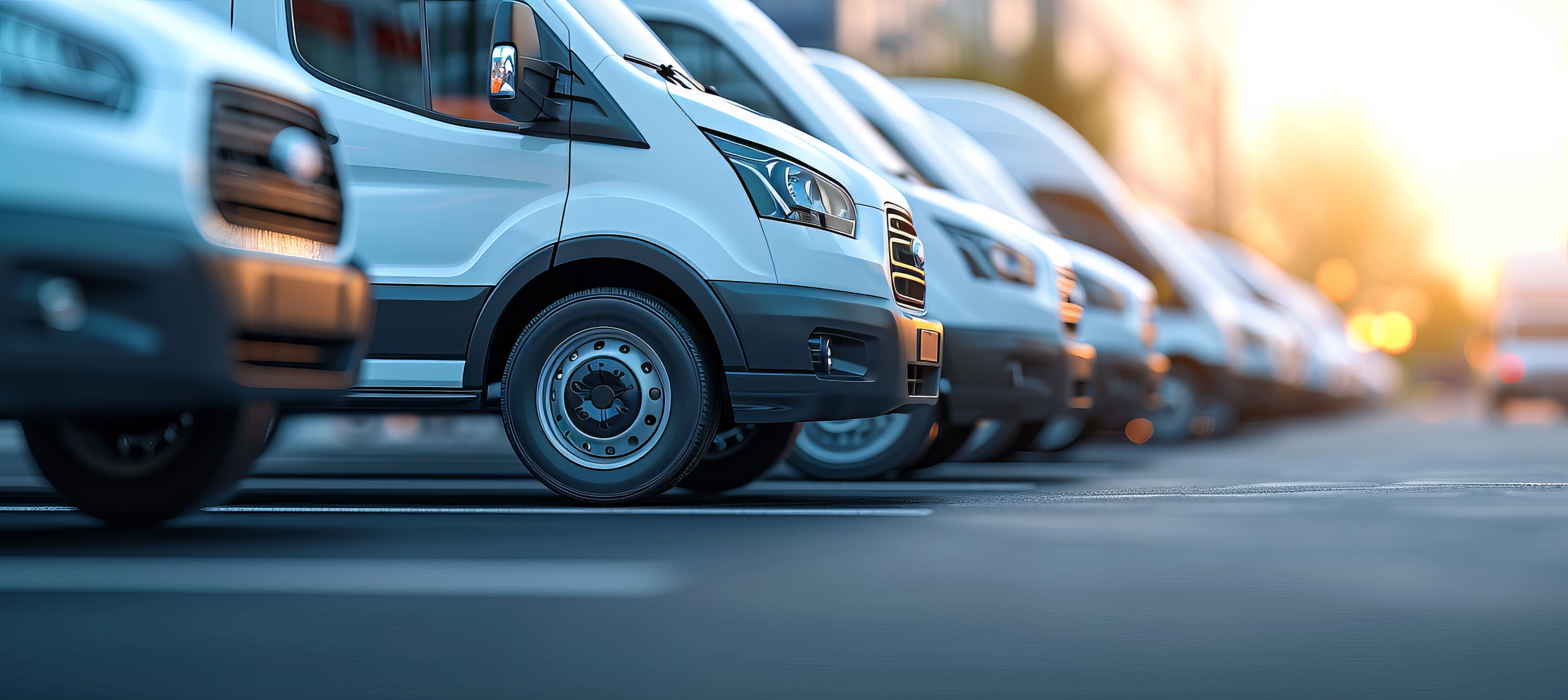 A row of Regional Routes Logistics delivery vans at sunset