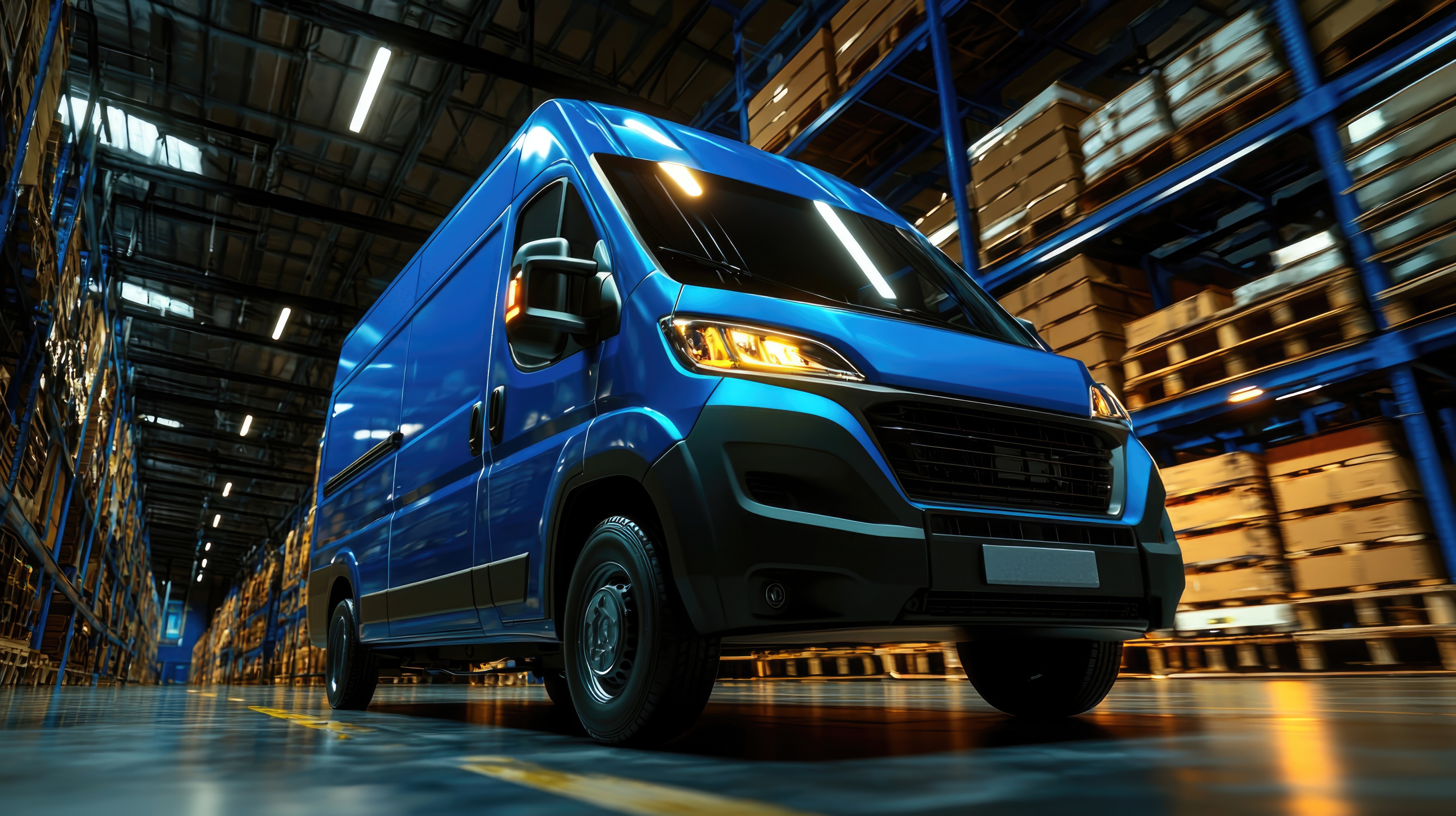 A blue Regional Routes Logistics cargo van inside a distribution warehouse
